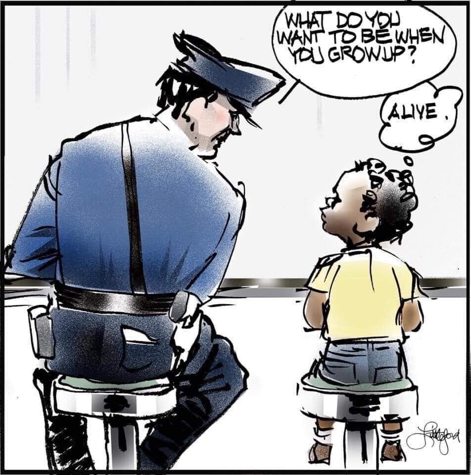 Drawing of the counter of a restaurant in USA a cop in uniform on the left and a young black kid in yellow shirt on the right The cops leans towards the black kid and asks "what do you want to be when you grow up ?" the black kids looks up to the cop without responding but he thinks "alive"