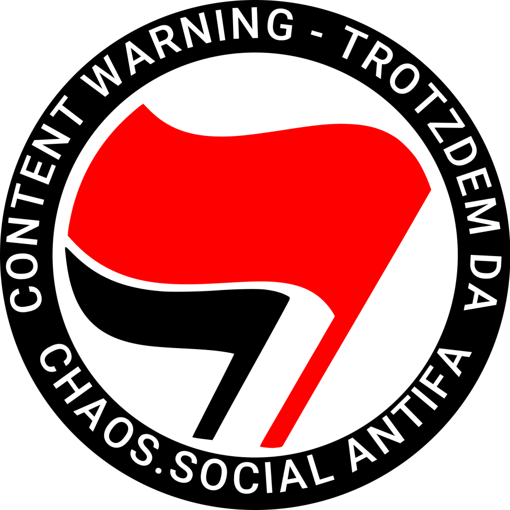 Antifa Sticker mit dem Text "CONTENT WARNING - TEOTZDEM DA / CHAOS.SOCIAL ANTIFA"