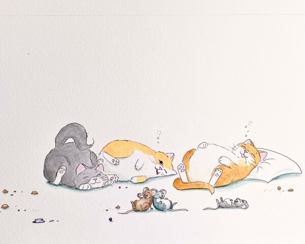 3 Katzen und 3 Mäuse liegen schläfrig mit dick gefutterten Bäuchen zwischen Krümeln am Boden. eine Katze hat ein Kissen unter dem Kopf. Eine Maus stopft sich gerade noch ein Stück Kuchen in den Mund.