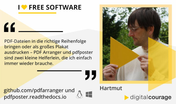 Ein Foto unseres ehrenamtlichen Mitarbeiters Hartmut. Links oben in der Ecke der Schriftzug "I love free Software" - der Rest des Textes auf dem Bild entspricht dem Text des Microposts.